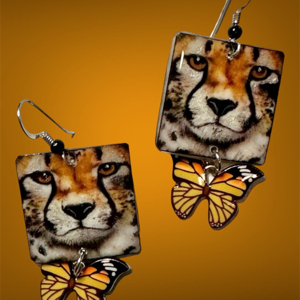 Handpainted cheetah earrings butterfly OOAK big cats Africa wildlife
